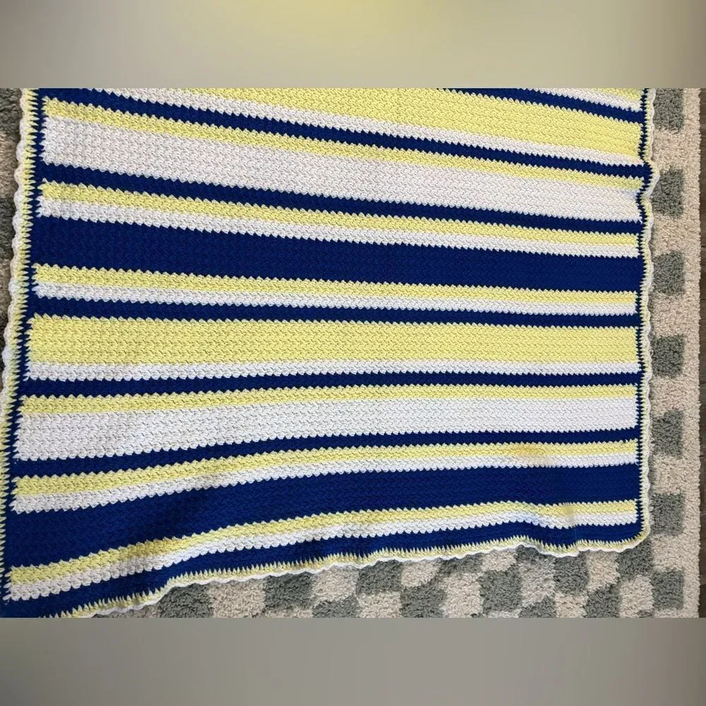 VTG Crochet Afghan Chevron Striped Blue Yellow Blanket Throw Michigan Football